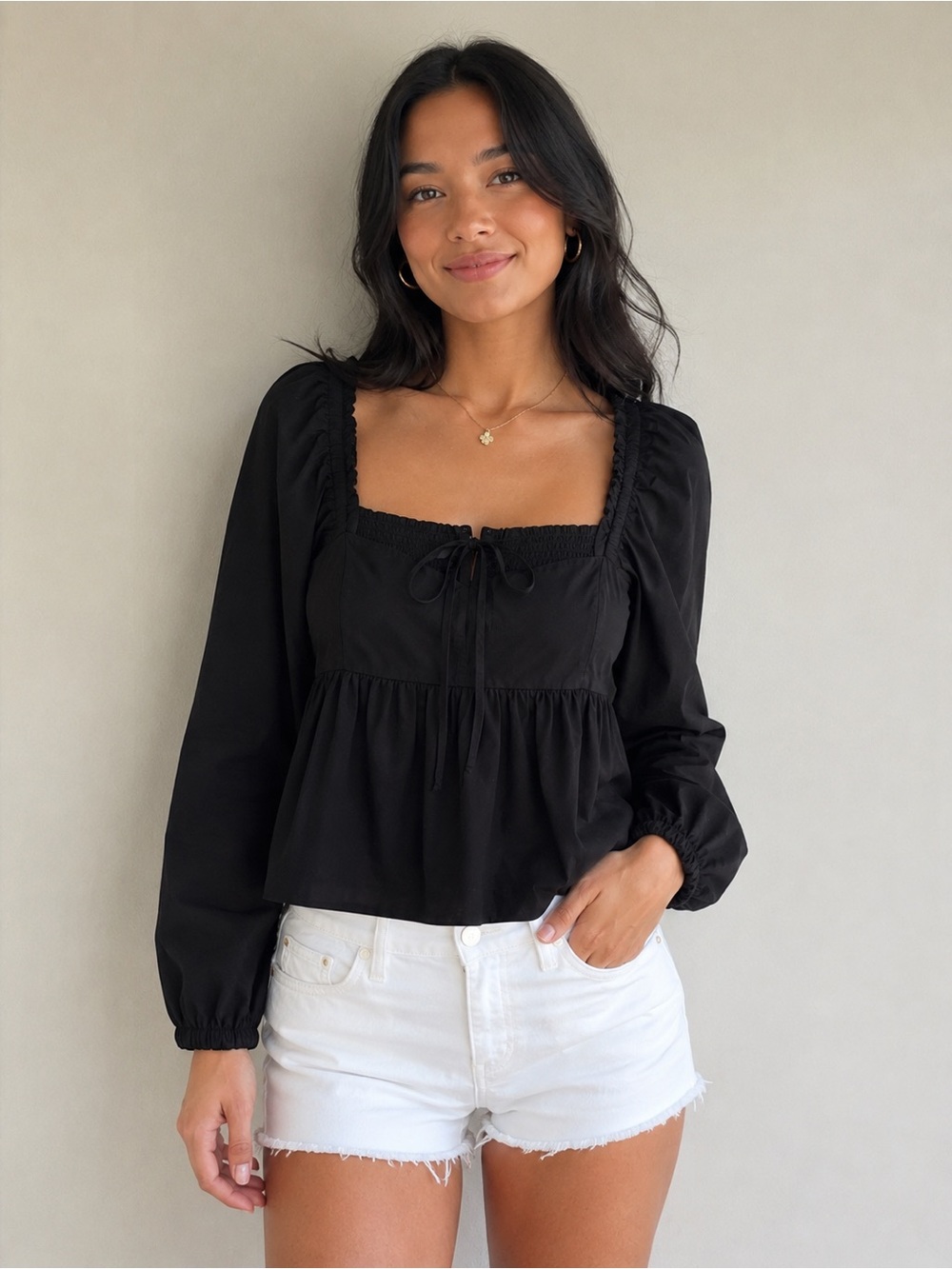 NWOT J. Crew Black Babydoll Top w/Poplin Cinched Waist SZ 10